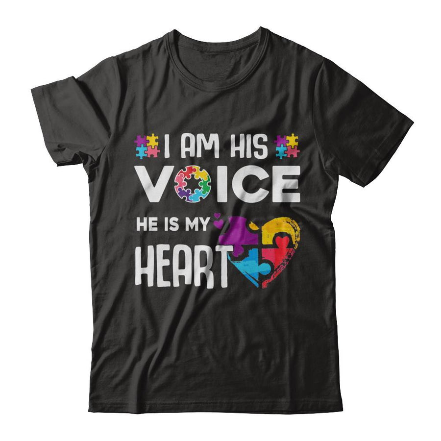 Autism Awareness I Am His Voice He Is My Heart Autism Mom-T-Shirt & Hoodie-Premium T-Shirt-Black