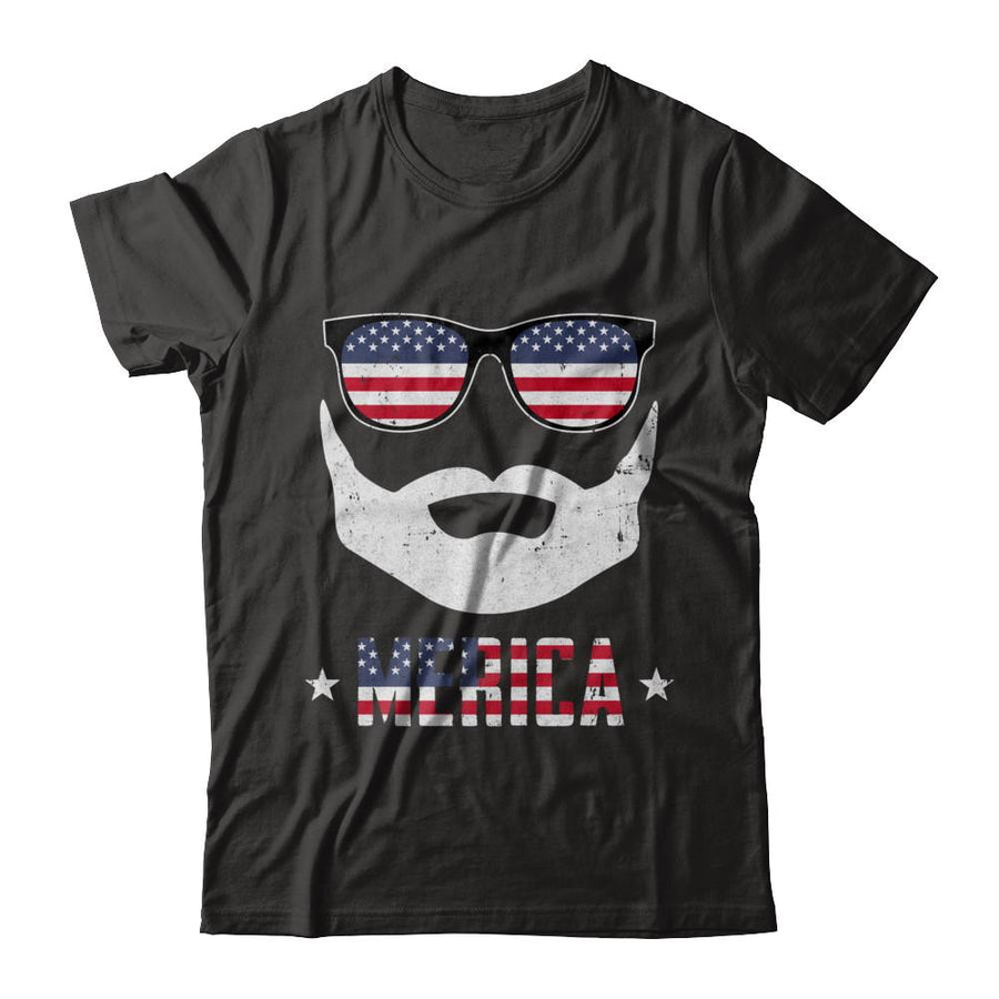 4th of July MERICA America Flag Mustache Dad Bearded-T-Shirt & Hoodie-Classic T-Shirt-Black
