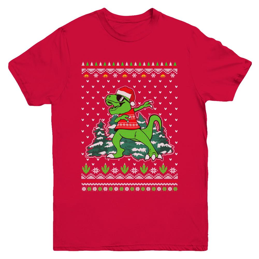Funny Dab Dabbing Dinosaur Ugly Christmas Sweater Xmas Youth-Youth Shirt-Youth T-Shirt-Red