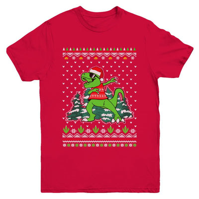 Funny Dab Dabbing Dinosaur Ugly Christmas Sweater Xmas Youth-Youth Shirt-Youth T-Shirt-Red