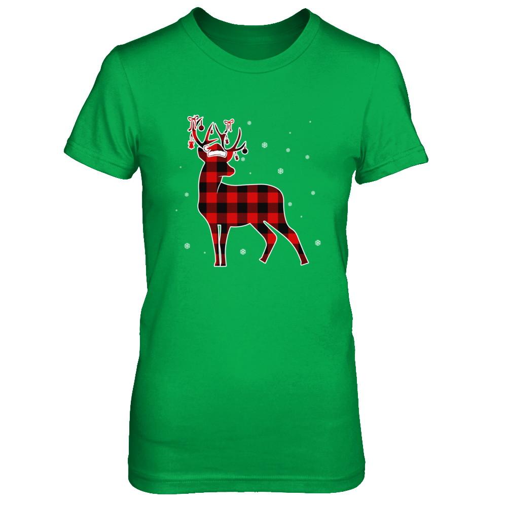 Red Plaid Deer Santa Hat Christmas Buffalo Plaid-T-Shirt & Sweatshirt-Women's T-Shirt-Irish Green