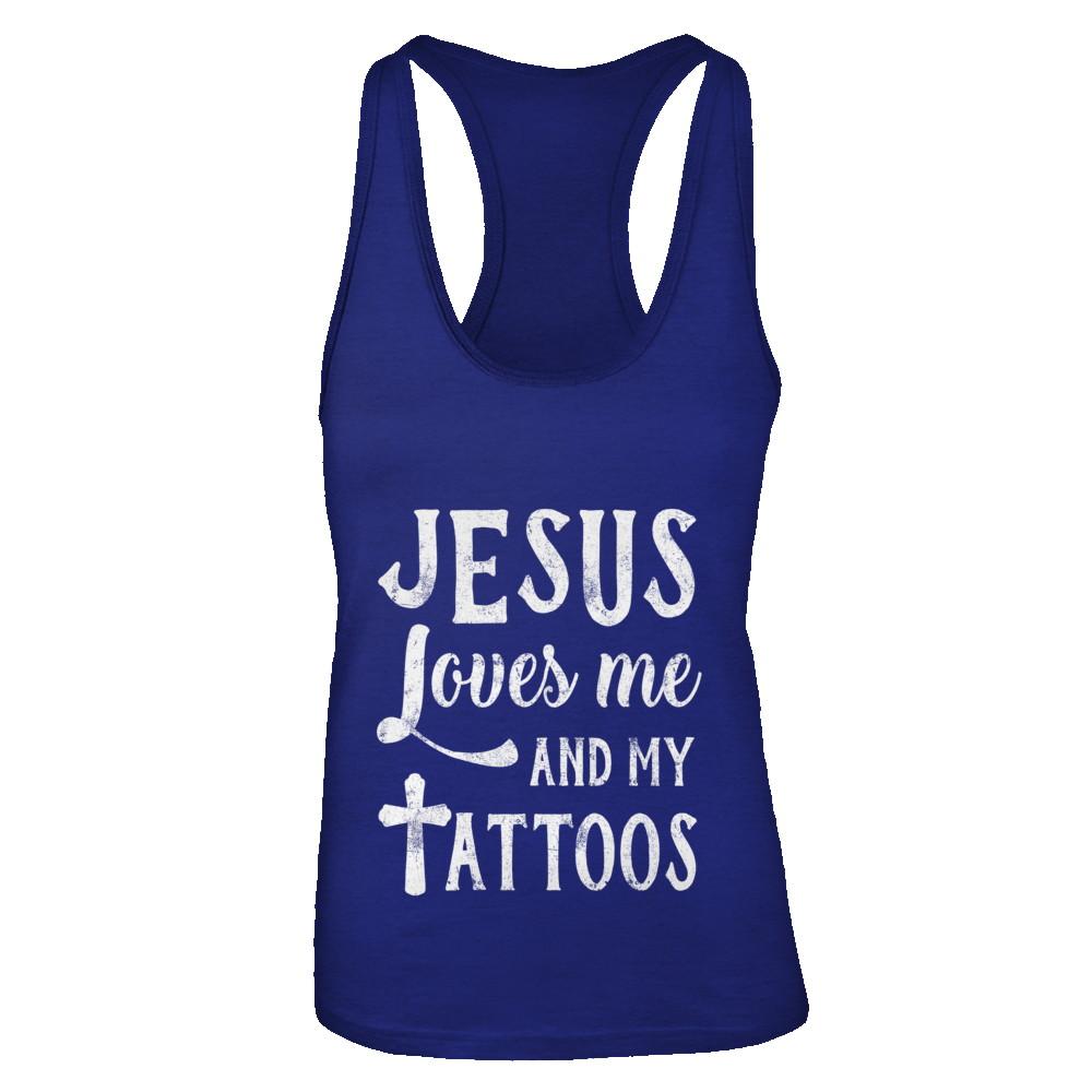 Jesus Just Love Me And My Tattoos Funny Christian-T-Shirt & Tank Top-Women's Ideal Racerback Tank-Royal