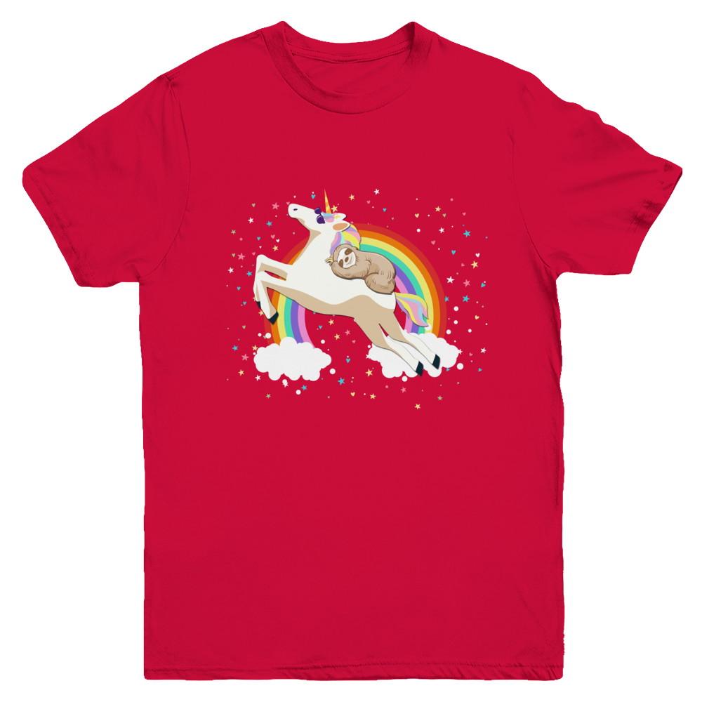 Funny Sloth Riding Unicorn Lover Youth-Youth Shirt-Youth T-Shirt-Red