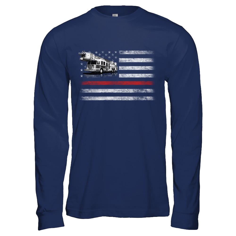 Patriotic Fireman American Flag Thin Red Line Firefighter-T-Shirt & Hoodie-Long Sleeve T-Shirt-Navy
