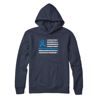 Blue Ribbon Colon Cancer Awareness US Flag-T-Shirt & Hoodie-Pullover Hoodie-Navy