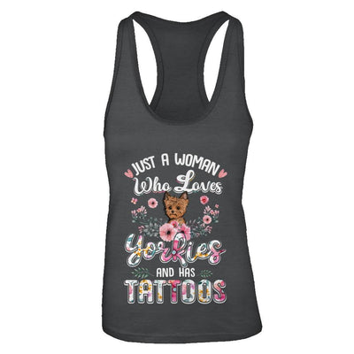 Just A Woman Who Loves Yorkies And Has Tattoos-T-Shirt & Tank Top-Women's Ideal Racerback Tank-Black