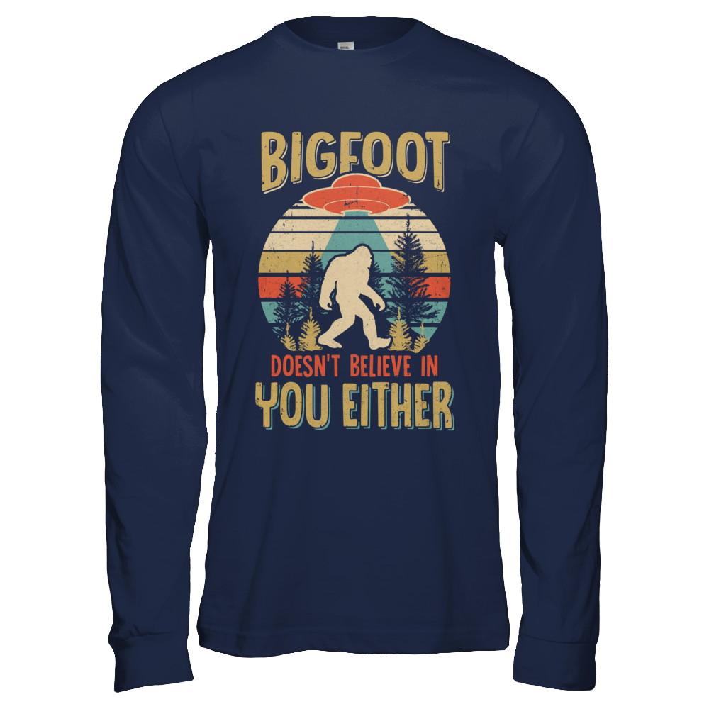 Retro Bigfoot Doesn't Believe In You Either UFO-T-Shirt & Hoodie-Long Sleeve T-Shirt-Navy