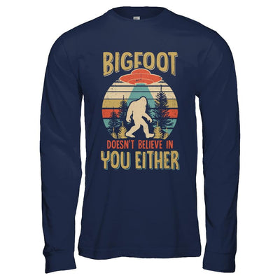 Retro Bigfoot Doesn't Believe In You Either UFO-T-Shirt & Hoodie-Long Sleeve T-Shirt-Navy