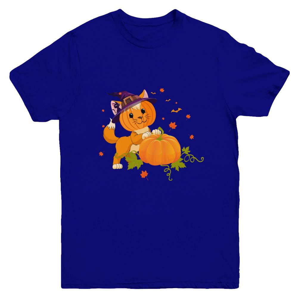 Funny Halloween Cat Pumpkin Costume Youth-Youth Shirt-Youth T-Shirt-Navy