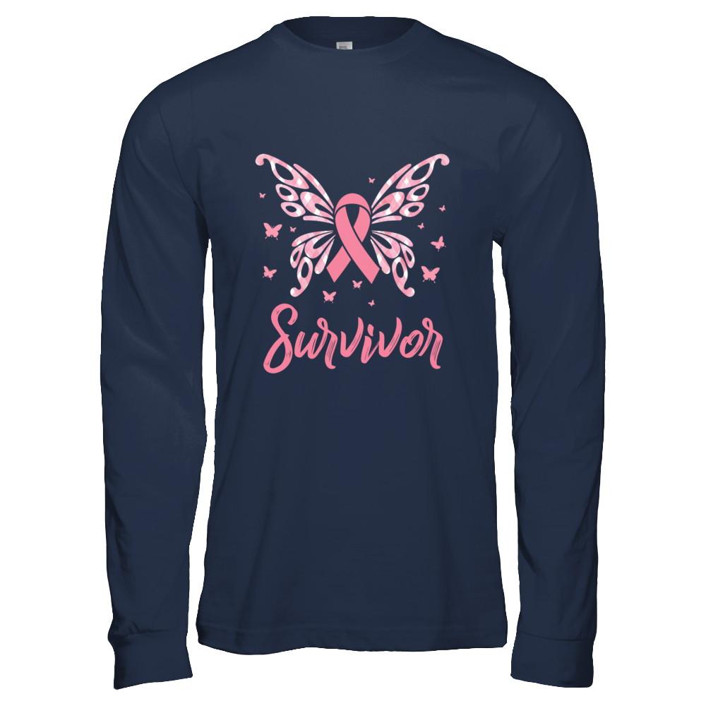 Pink Ribbon Butterfly Breast Cancer Survivor-T-Shirt & Hoodie-Long Sleeve T-Shirt-Navy