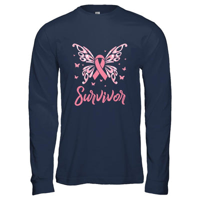 Pink Ribbon Butterfly Breast Cancer Survivor-T-Shirt & Hoodie-Long Sleeve T-Shirt-Navy