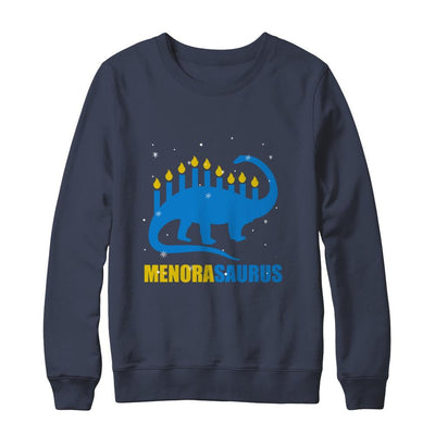 Funny Hanukkah Dinosaur Menorah Brontosaurus Menorasaurus-T-Shirt & Sweatshirt-Crewneck Sweatshirt-Navy