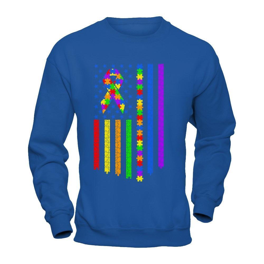 Autism Awarenes American Flag-T-Shirt & Hoodie-Crewneck Sweatshirt-Royal