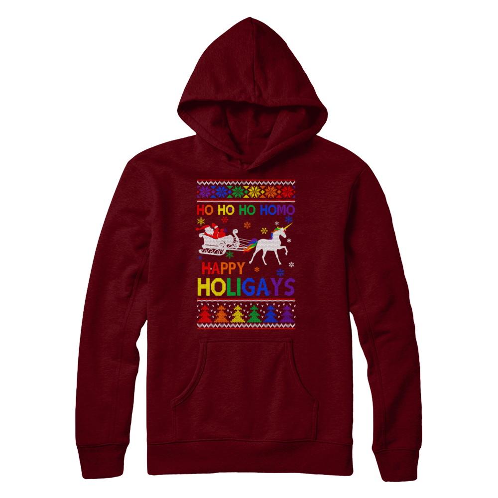 Ho Ho Ho Santa Riding Unicorrn Happy Holigays LGBT-T-Shirt & Sweatshirt-Pullover Hoodie-Maroon