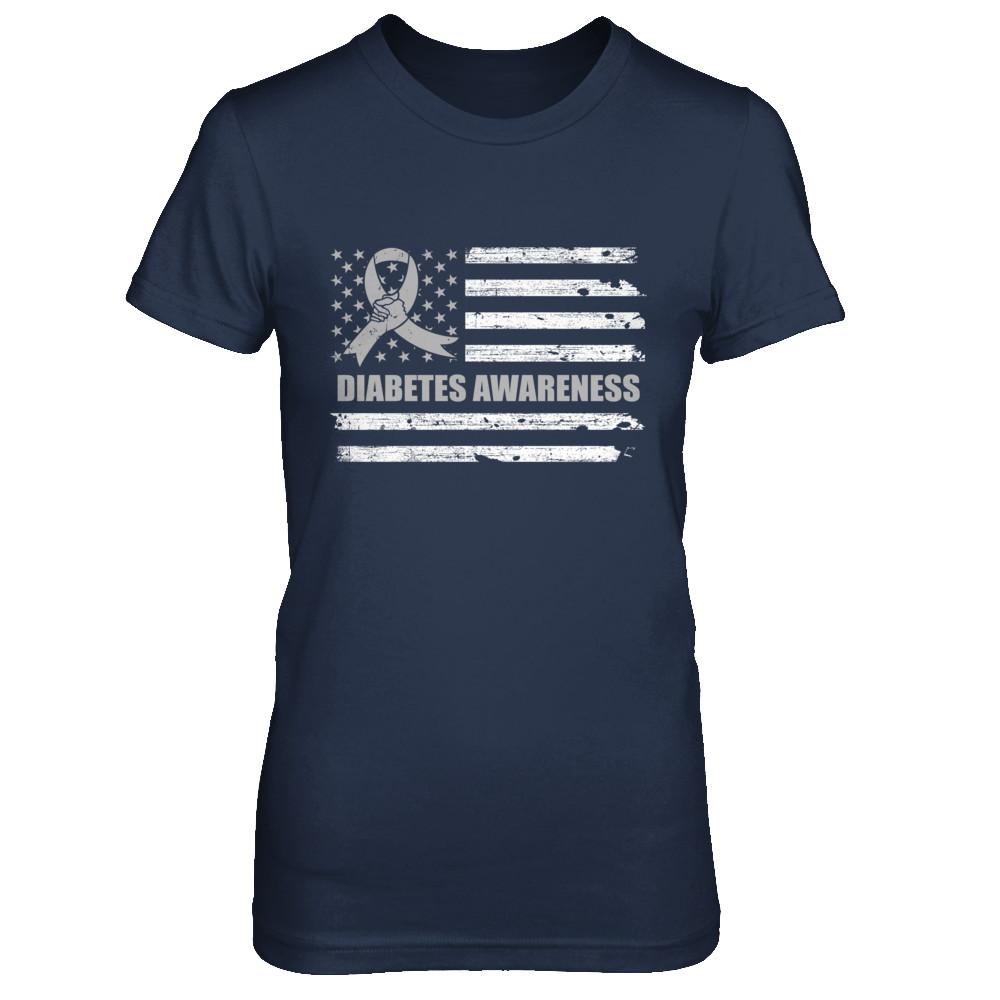 Gray Ribbon Diabetes Awareness US Flag-T-Shirt & Hoodie-Women's T-Shirt-Navy