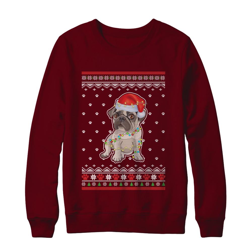 Pug Christmas Ugly Sweater Lights Dog Xmas Gift-T-Shirt & Sweatshirt-Crewneck Sweatshirt-Maroon