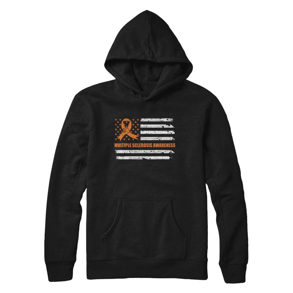 Orange Ribbon Multiple Sclerosis Awareness US Flag-T-Shirt & Hoodie-Pullover Hoodie-Black