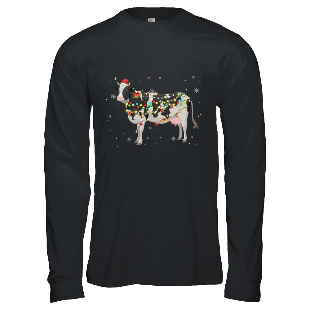 Vintage Cow Merry Christmas Light Led-T-Shirt & Hoodie-Long Sleeve T-Shirt-Black