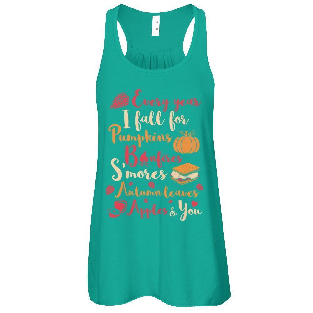 Every Year I Fall For Pumpkins Bonfires S'mores Autumn-T-Shirt & Tank Top-Women's Flowy Racerback Tank-Kelly