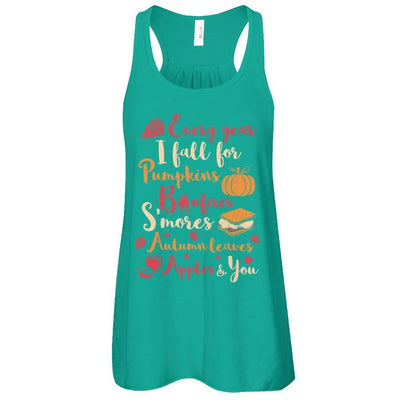 Every Year I Fall For Pumpkins Bonfires S'mores Autumn-T-Shirt & Tank Top-Women's Flowy Racerback Tank-Kelly