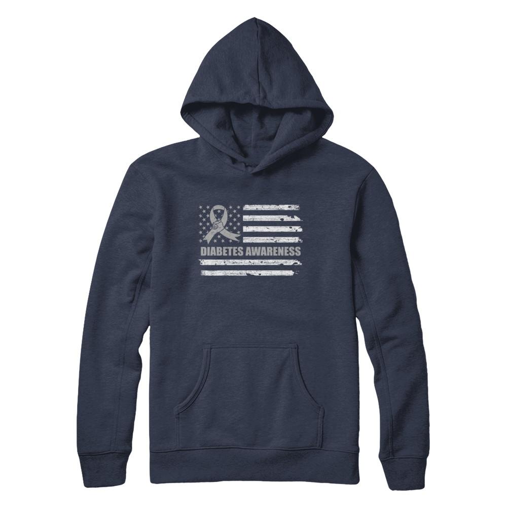 Gray Ribbon Diabetes Awareness US Flag-T-Shirt & Hoodie-Pullover Hoodie-Navy