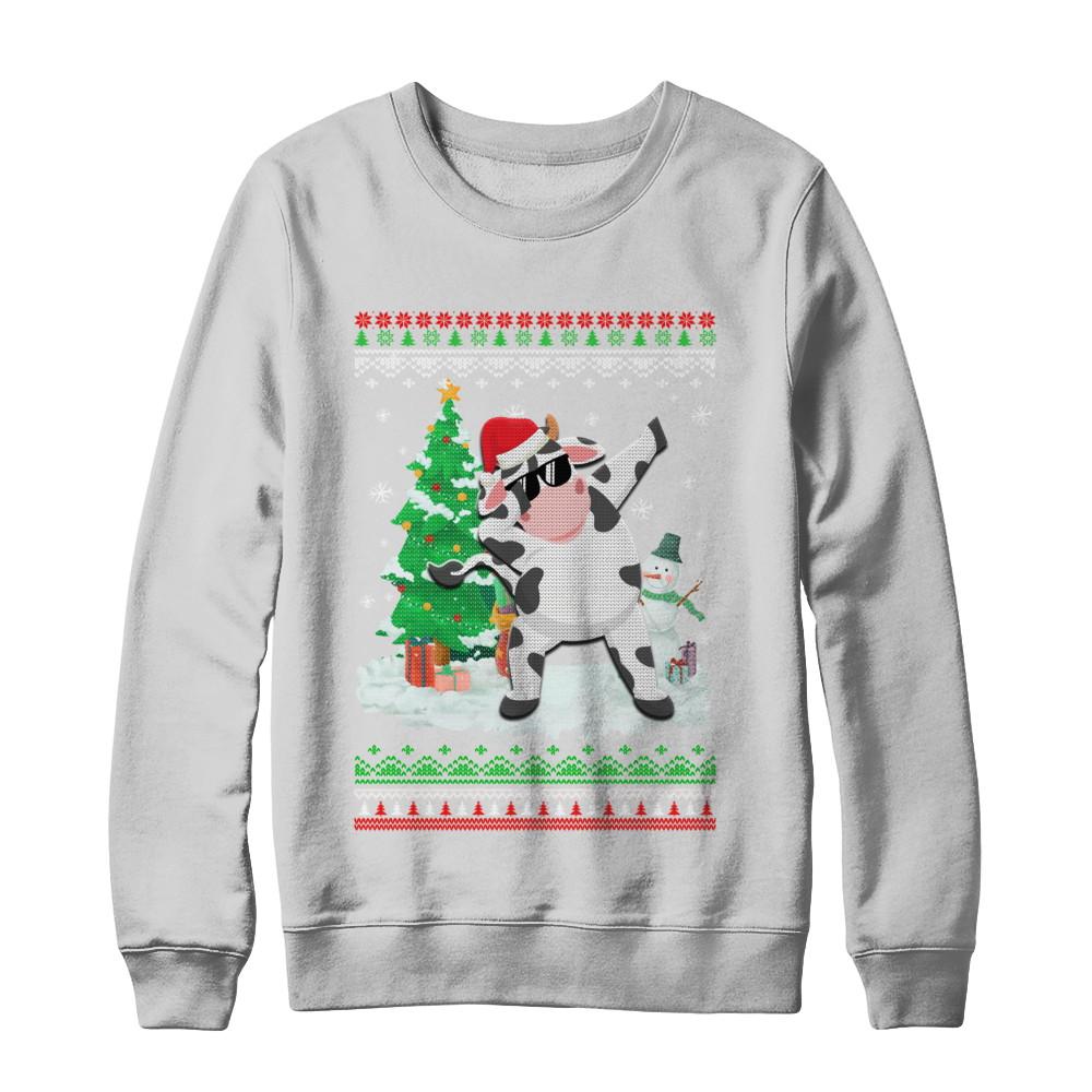 Santa Hat Cow Dabbing Christmas Ugly Sweater-T-Shirt & Sweatshirt-Crewneck Sweatshirt-White