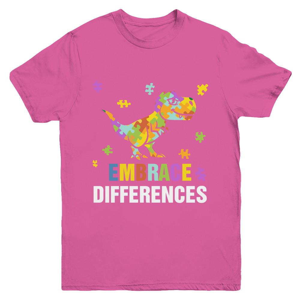Autism Awareness Puzzle Piece Dinosaur Embrace Differences Youth-Youth Shirt-