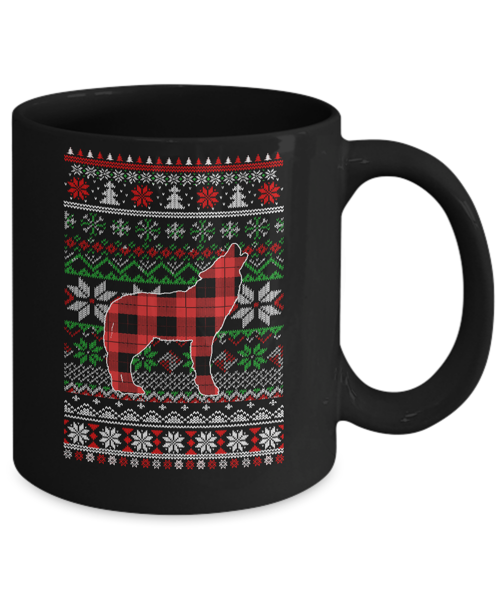Wolve Red Plaid Ugly Christmas Sweater Funny Gifts Mug-Coffee Mug-11oz Mug-Black