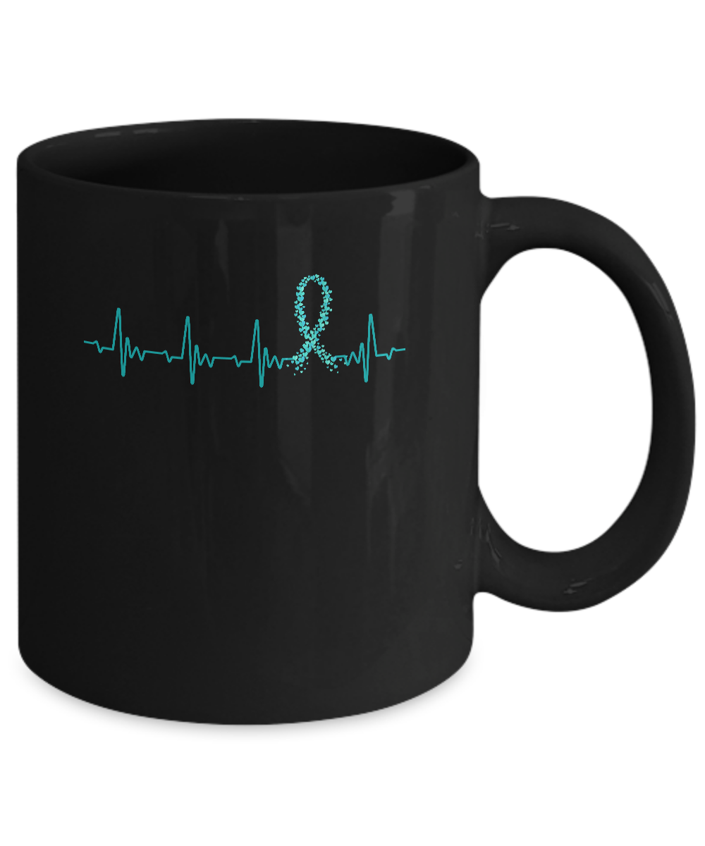 Ovarian Cancer Awareness Teal Ribbon Heartbeat Mug-Coffee Mug-11oz Mug-Black