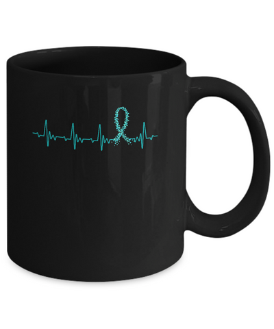Ovarian Cancer Awareness Teal Ribbon Heartbeat Mug-Coffee Mug-11oz Mug-Black