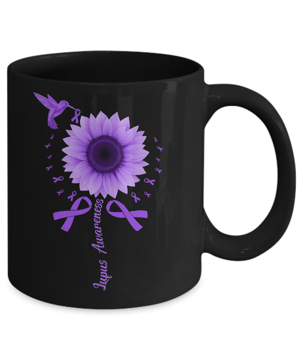 Hummingbird Sunflower Purple Ribbon Lupus Awareness Mug-Coffee Mug-11oz Mug-Black