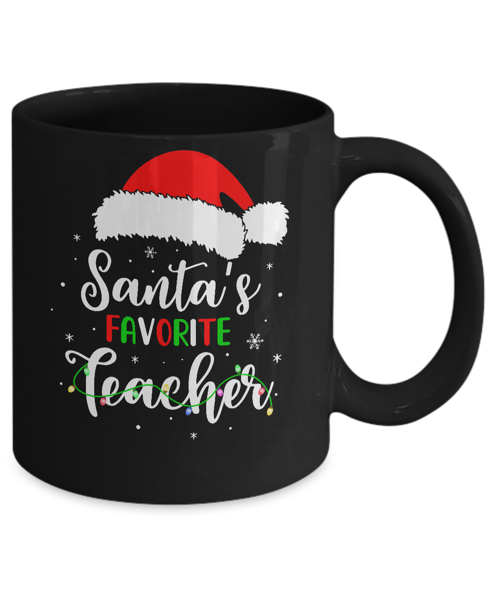 Santa's Favorite Teacher Santa Hat Christmas Light Gift Mug-Coffee Mug-11oz Mug-Black
