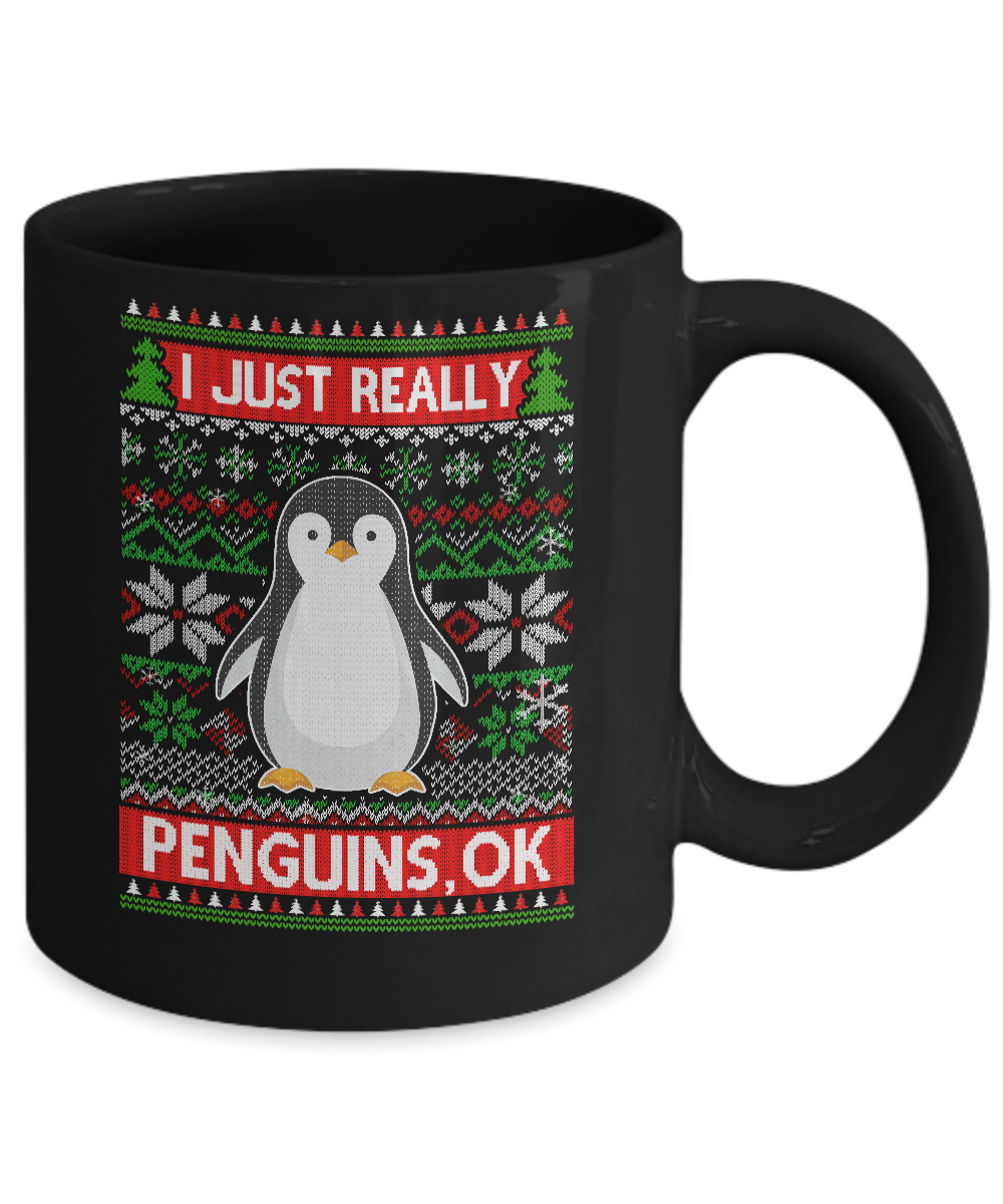 I Just Really Like Penguins Ok Ugly Christmas Sweater Mug-Coffee Mug-11oz Mug-Black