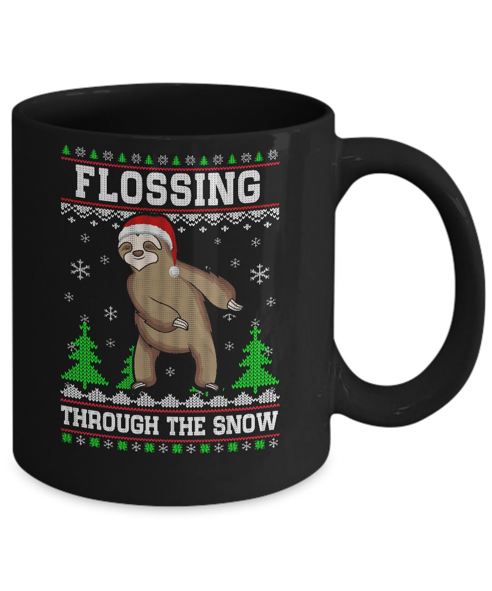 Funny Flossing Sloth Ugly Christmas Sweater Flossin' Mug-Coffee Mug-11oz Mug-Black