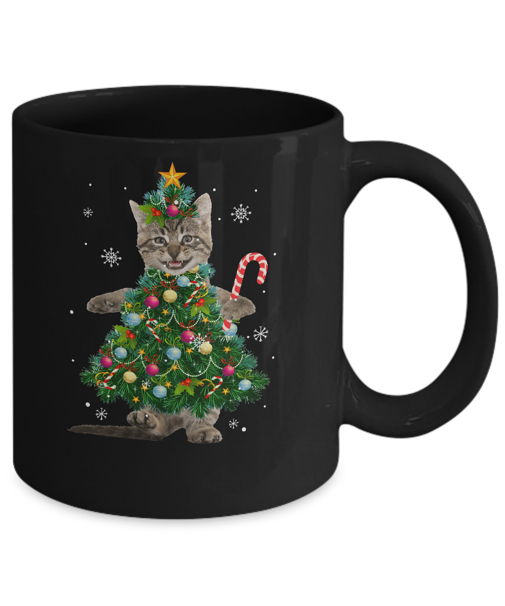 Santa Maine Coon Cat Christmas Tree Light Funny Xmas Cat Mug-Coffee Mug-11oz Mug-Black