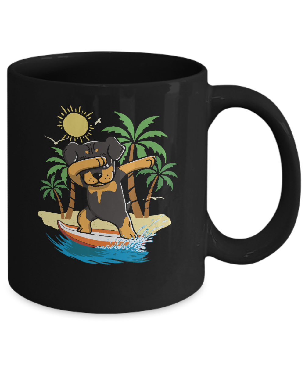Summer Vacation Dabbing Rottweiler Surfing Surfboard Gift Mug-Coffee Mug-11oz Mug-Black