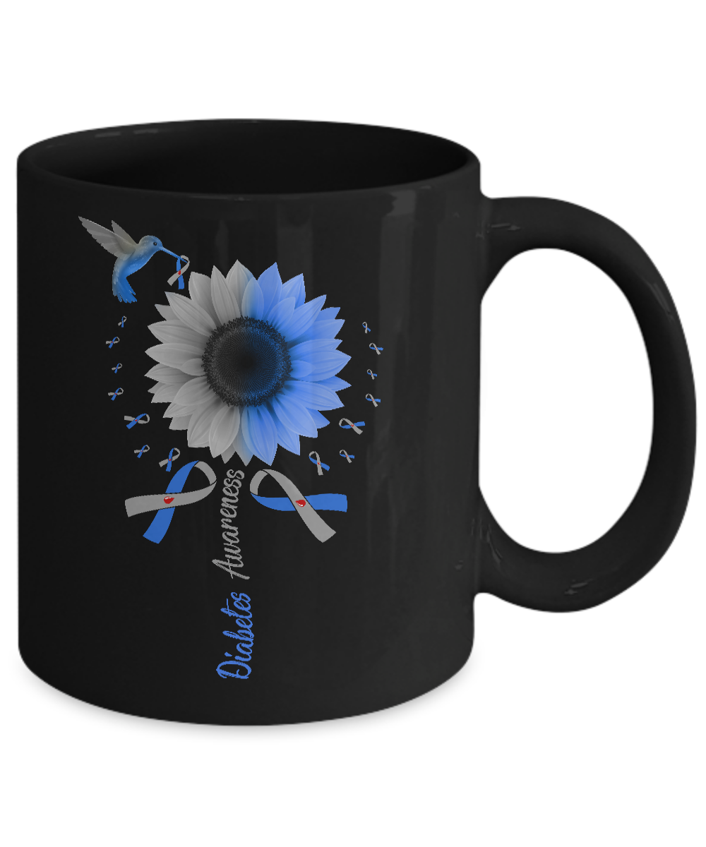 Hummingbird Sunflower Blue Gray Ribbon Diabetes Awareness Mug-Coffee Mug-11oz Mug-Black