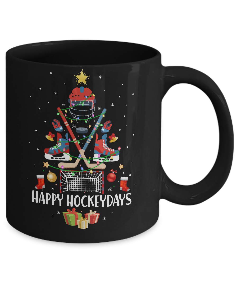 Happy Hockeydays Ice Hockey Christmas Tree Funny Xmas Gift Mug-Coffee Mug-11oz Mug-Black