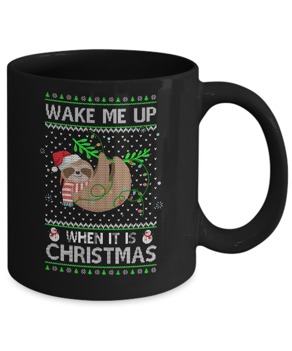 Wake Me Up When It's Christmas Sloth Ugly Christmas Sweater Mug-Coffee Mug-11oz Mug-Black