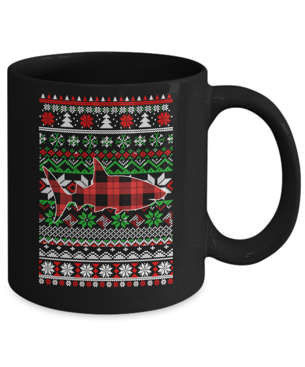 Shark Red Plaid Ugly Christmas Sweater Funny Gifts Mug-Coffee Mug-11oz Mug-Black