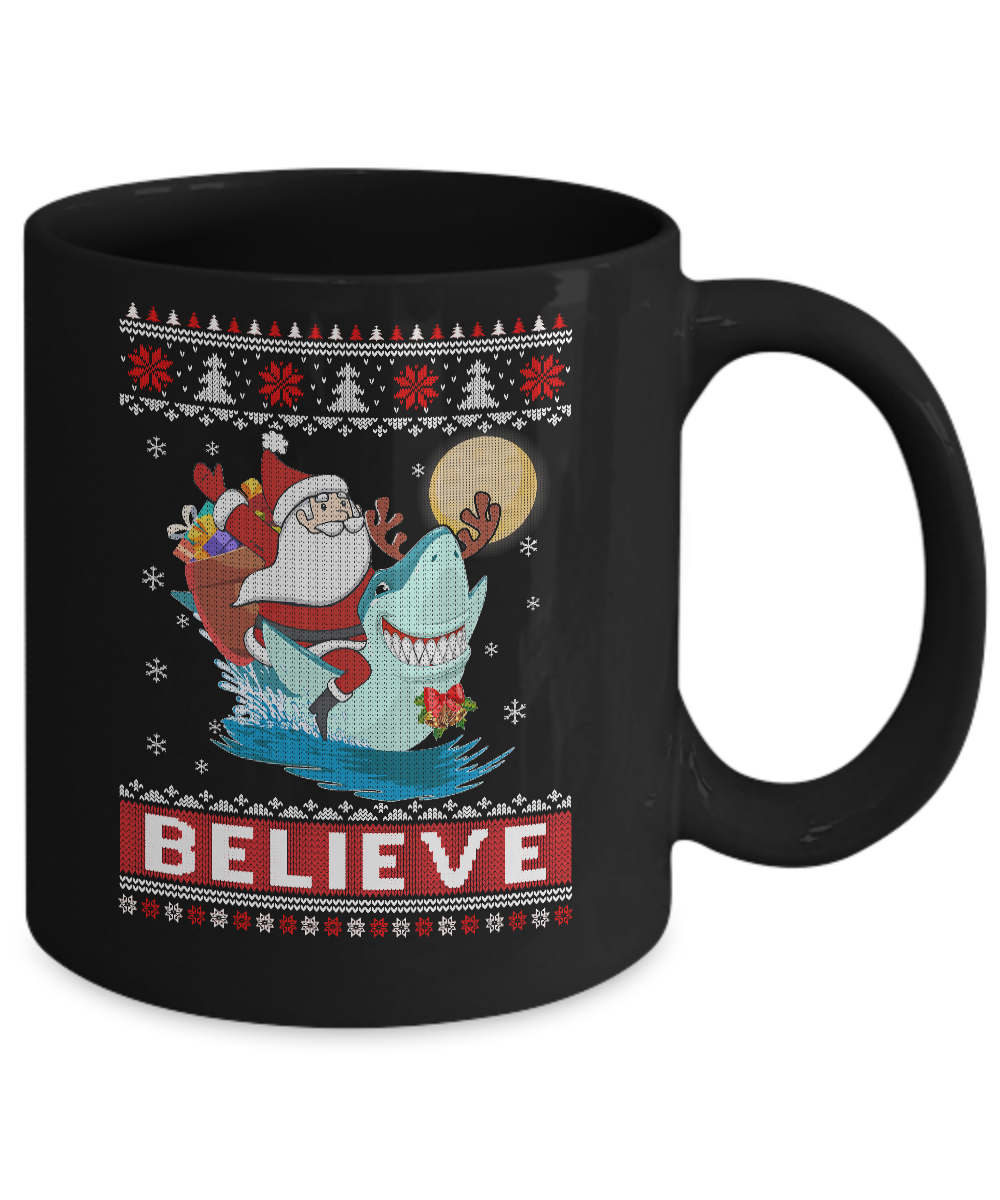 Believe In Santa Riding Shark Ugly Christmas Sweater Mug-Coffee Mug-11oz Mug-Black