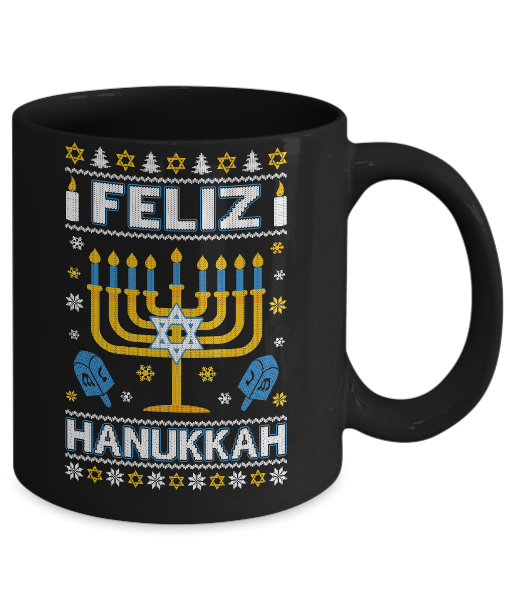 Happy Hanukkah Ugly Sweater Feliz Chanukah Menorah Mug-Coffee Mug-11oz Mug-Black