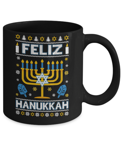 Happy Hanukkah Ugly Sweater Feliz Chanukah Menorah Mug-Coffee Mug-11oz Mug-Black
