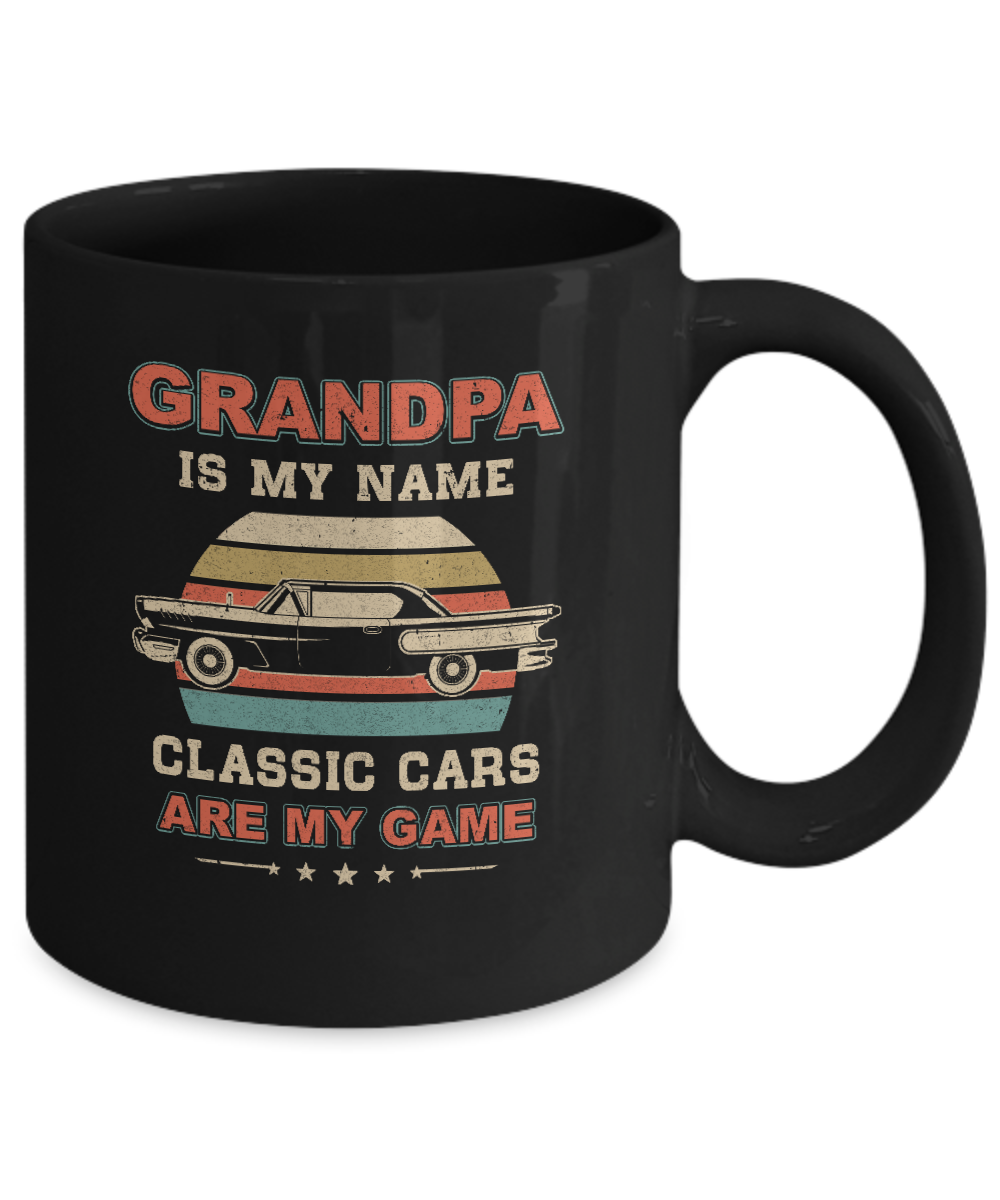 Vintage Grandpa Is My Name Class Cars Are My Game Fathers Day Mug-Coffee Mug-11oz Mug-Black