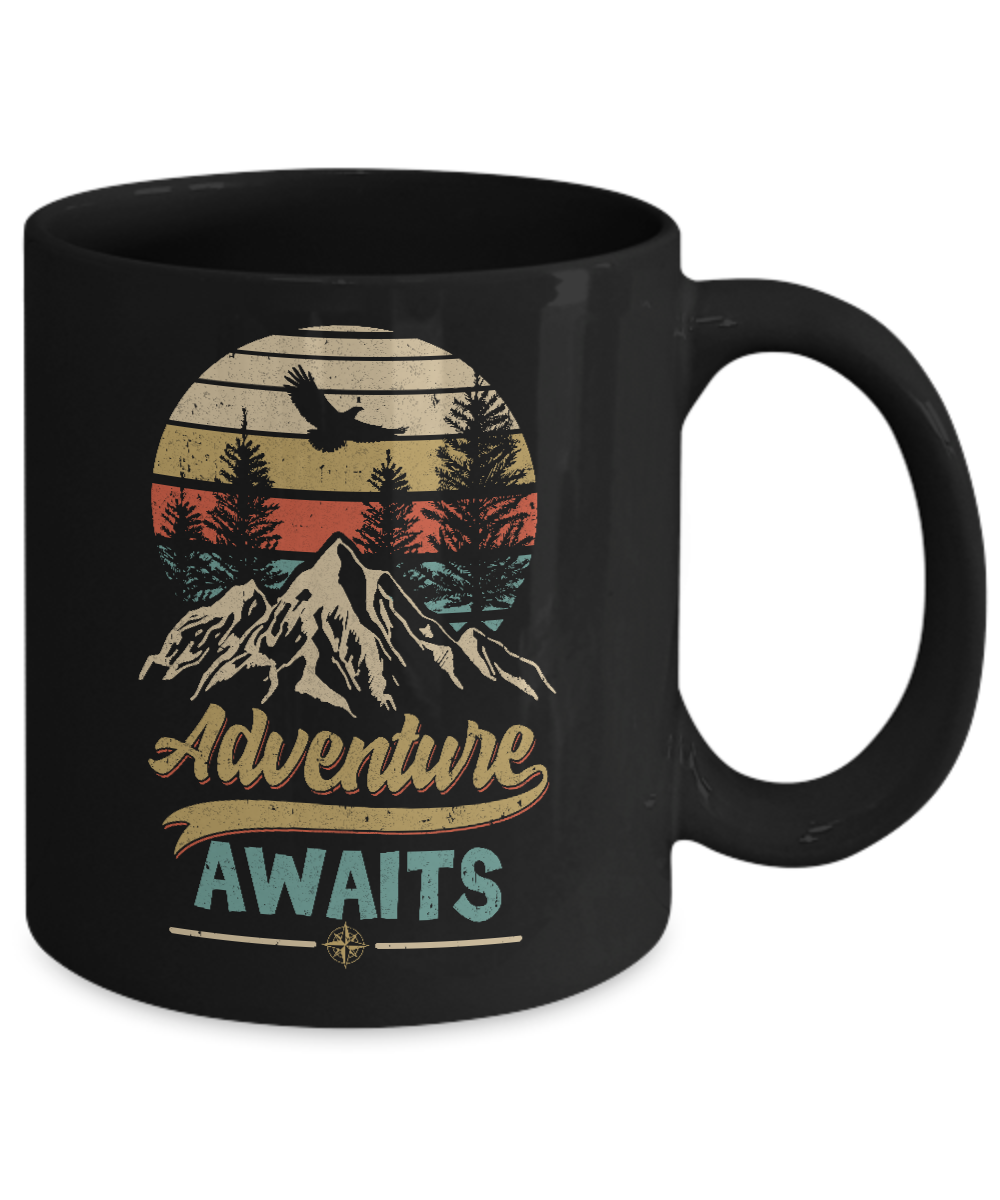 Vintage Adventure Awaits Camping Camper Outdoor Travel Mug-Coffee Mug-11oz Mug-Black