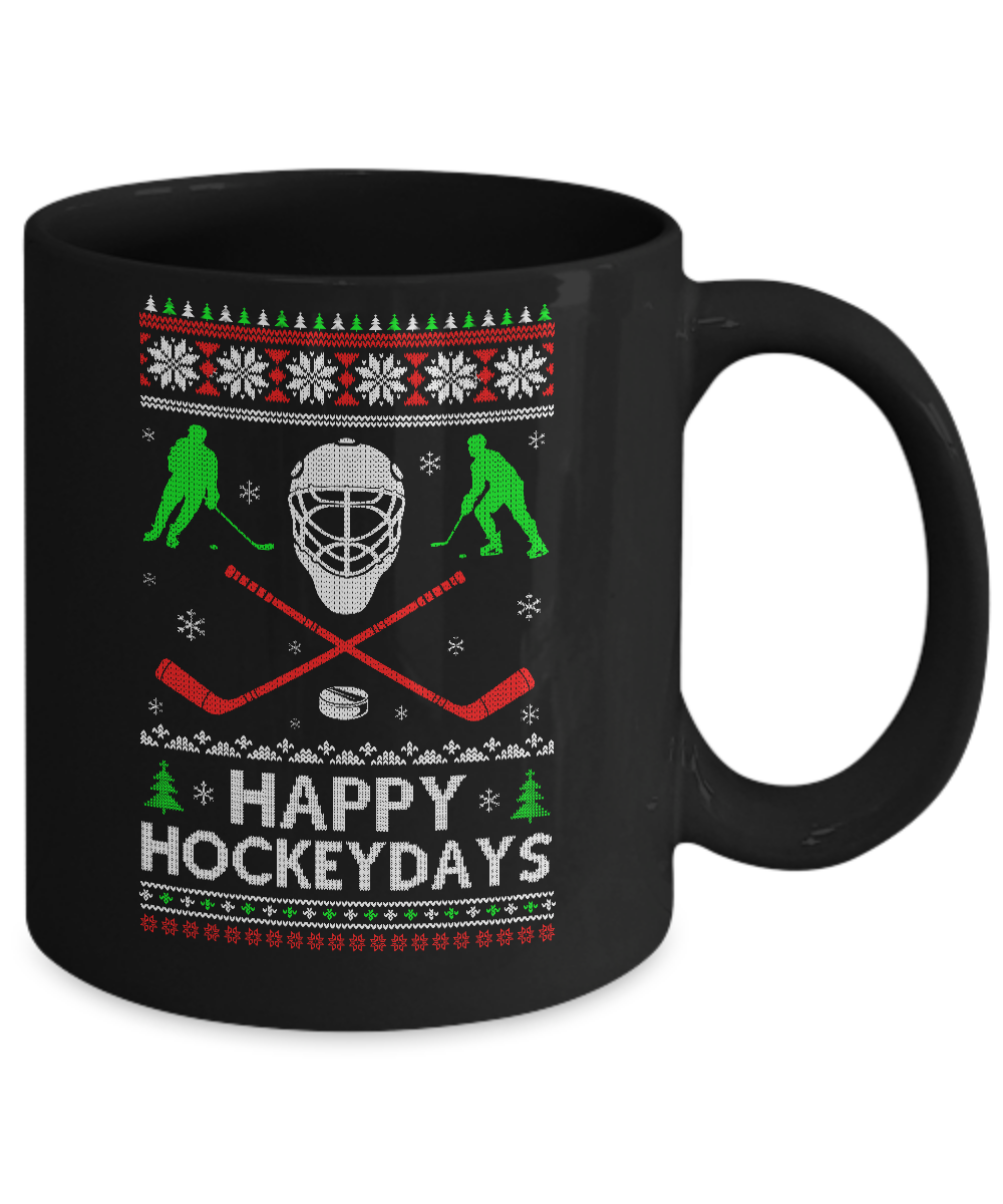 Happy Hockeydays Hockey Ugly Christmas Sweater Xmas Gift Mug-Coffee Mug-11oz Mug-Black
