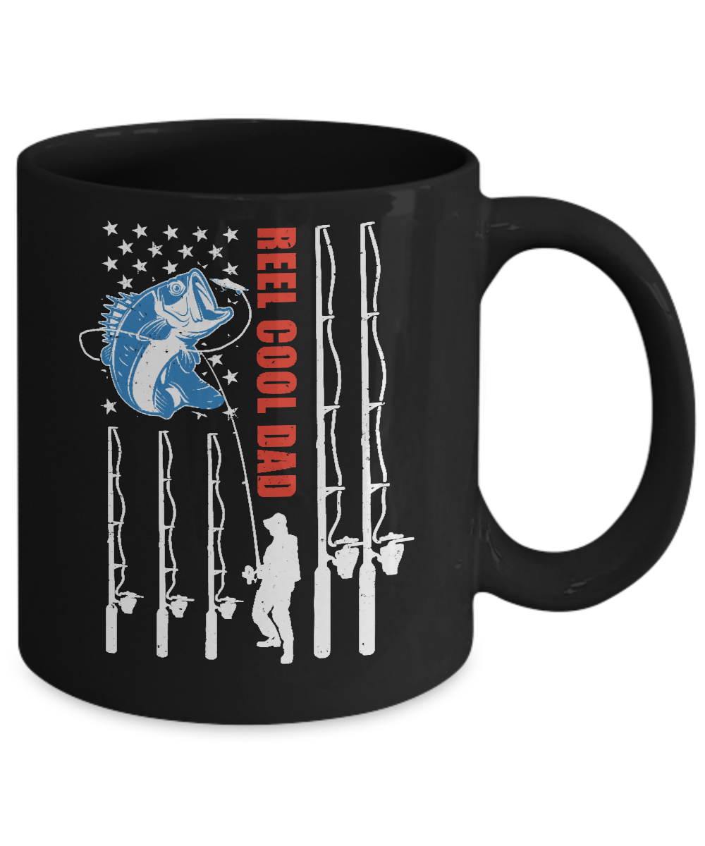 Reel Cool Dad American Flag Fish Fishing Fathers Day Mug-Coffee Mug-11oz Mug-Black