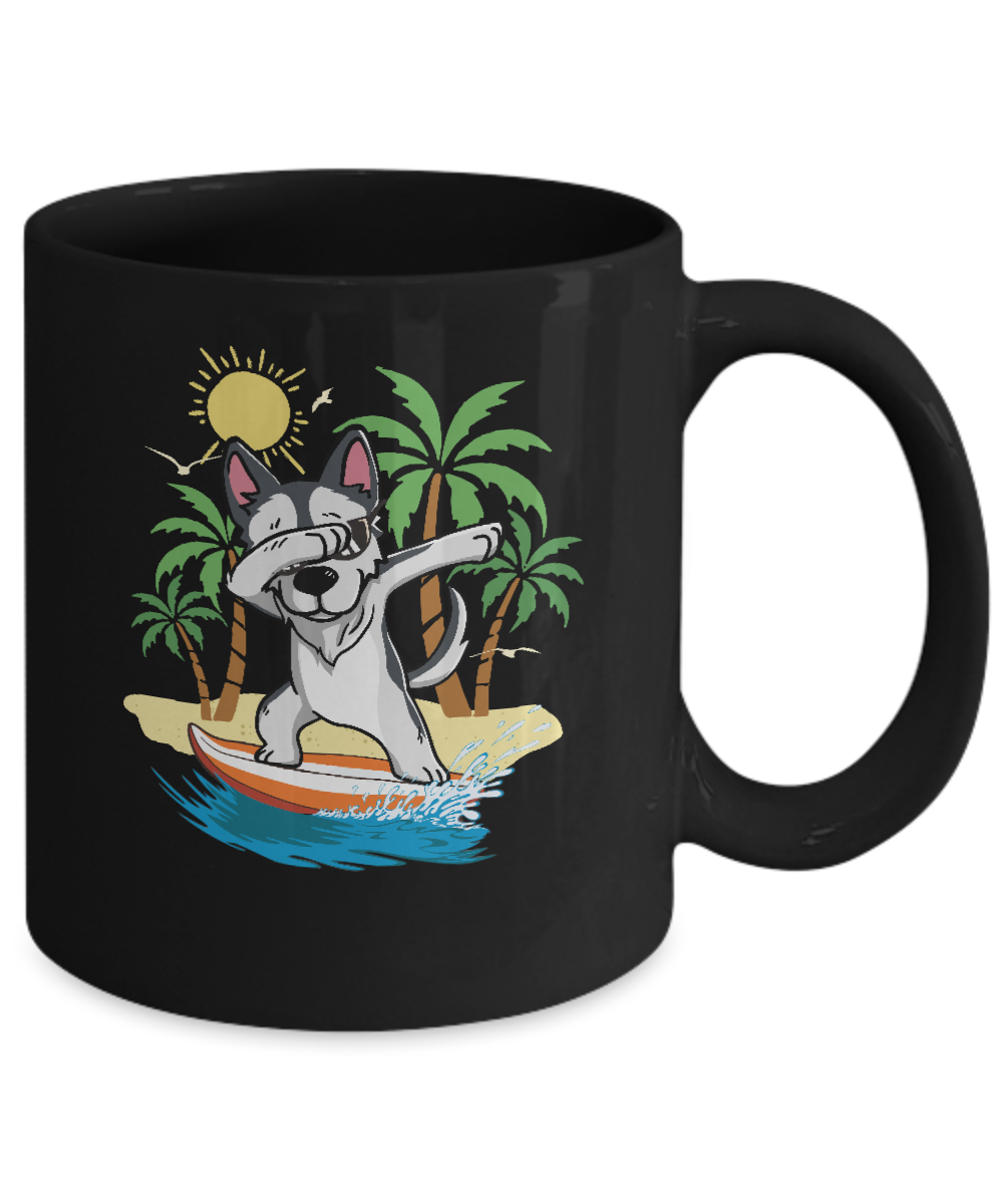 Summer Vacation Dabbing Husky Surfing Surfboard Gift Mug-Coffee Mug-11oz Mug-Black