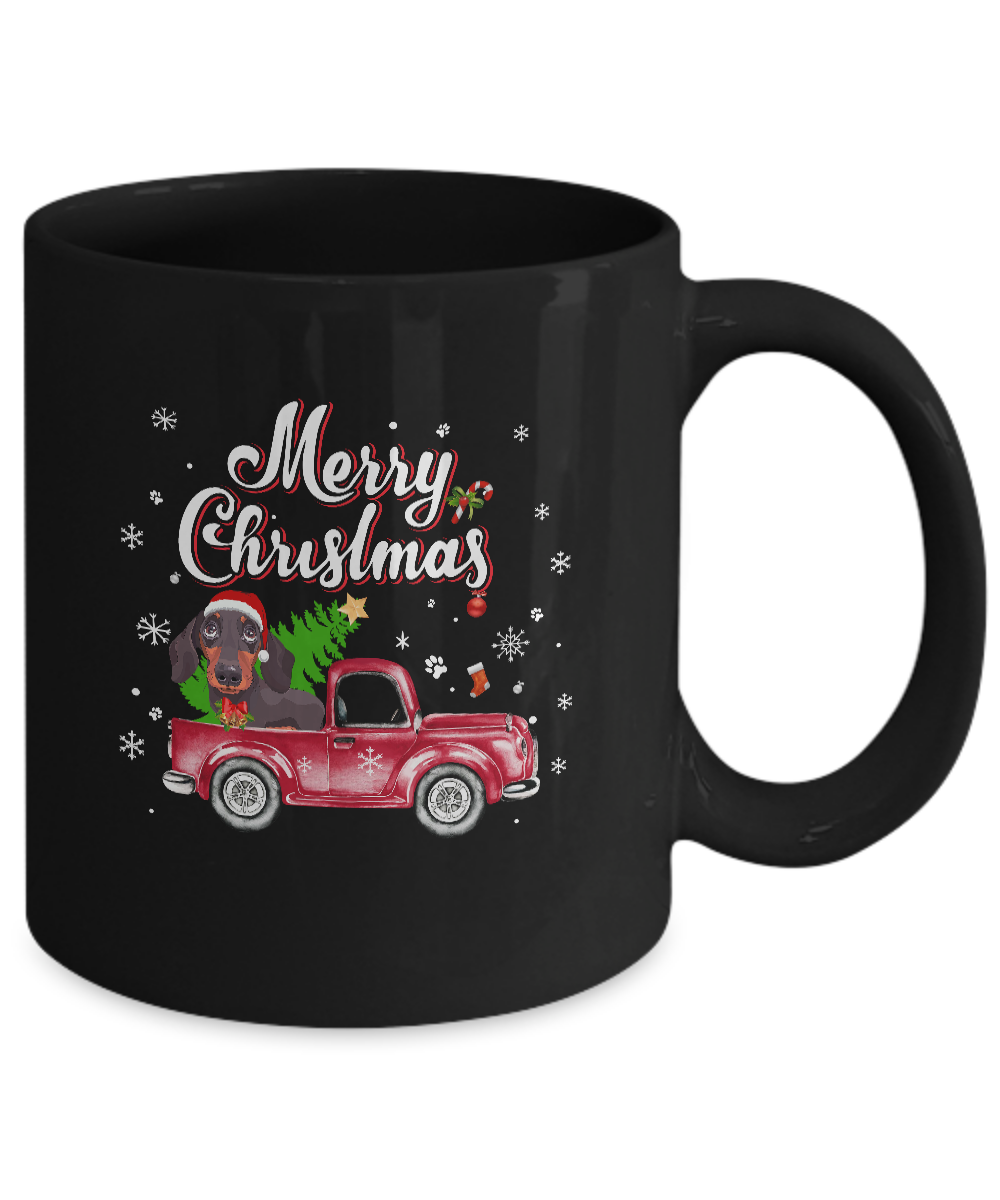 Dachshund Retriever Rides Red Truck Christmas Pajama Mug-Coffee Mug-11oz Mug-Black