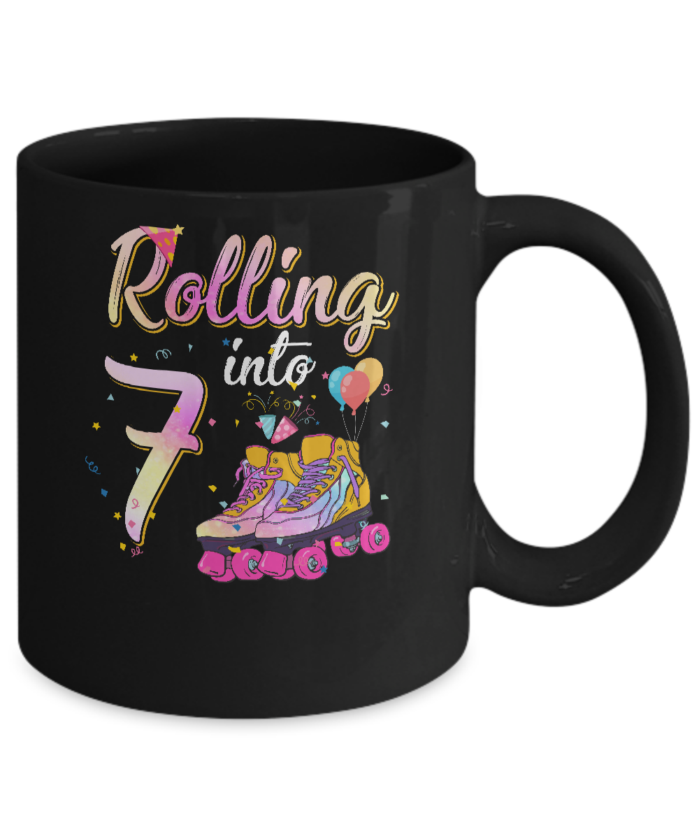 7 Years Old Birthday Girls Roller Skates 80's 7th Birthday Mug-Coffee Mug-11oz Mug-Black
